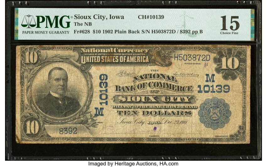 image for: Sioux City, IA - $10 1902 Plain Back Fr. 628 The National Bank of Commerce of Sioux City Ch. # (M)10139 PMG Choice Fine 15....