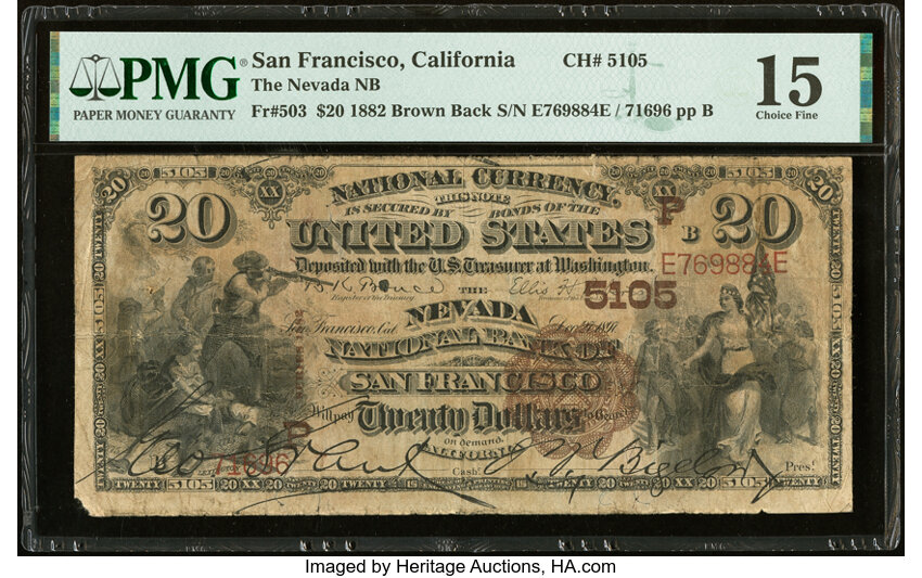 image for: San Francisco, CA - $20 1882 Brown Back Fr. 503 The Nevada National Bank Ch. # (P)5105 PMG Choice Fine 15....