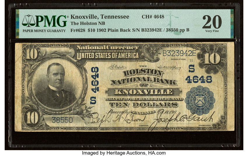 image for: Knoxville, TN - $10 1902 Plain Back Fr. 628 The Holston National Bank Ch. # (S)4648 PMG Very Fine 20....