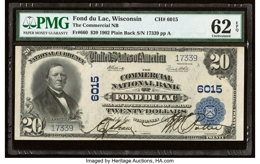 image for: Fond Du Lac, WI - $20 1902 Plain Back Fr. 660 The Commercial National Bank Ch. # 6015 PMG Uncirculated 62 EPQ....