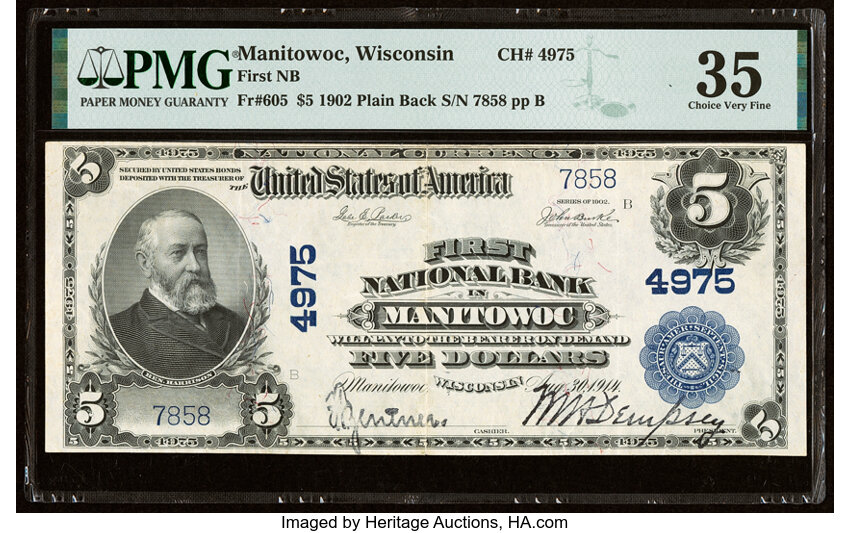 image for: Manitowoc, WI - $5 1902 Plain Back Fr. 605 First National Bank Ch. # 4975 PMG Choice Very Fine 35....