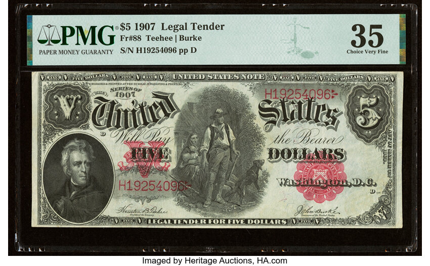 image for: Fr. 88 $5 1907 Legal Tender PMG Choice Very Fine 35....