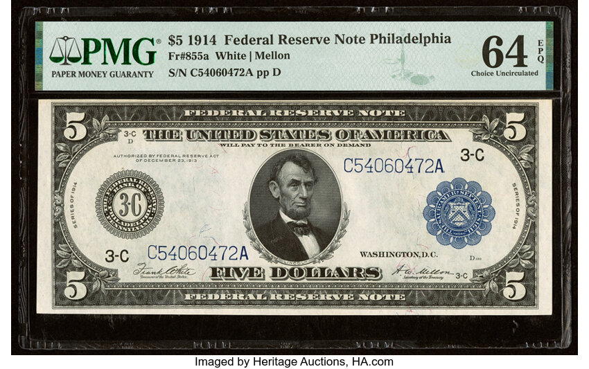 image for: Fr. 855a $5 1914 Federal Reserve Note PMG Choice Uncirculated 64 EPQ....