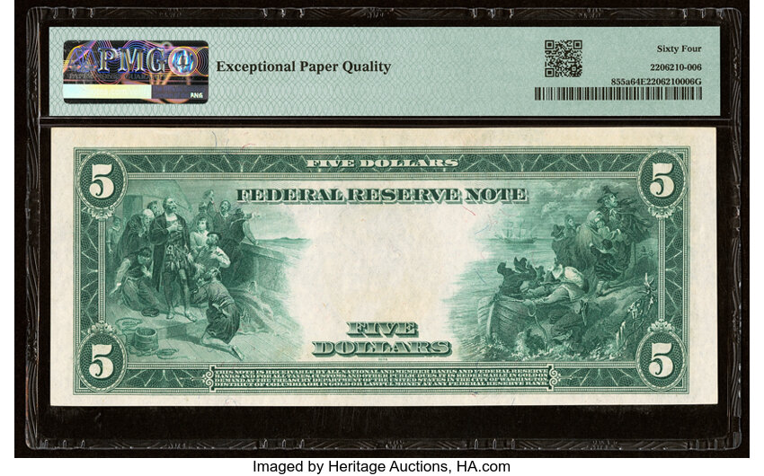 image for: Fr. 855a $5 1914 Federal Reserve Note PMG Choice Uncirculated 64 EPQ....