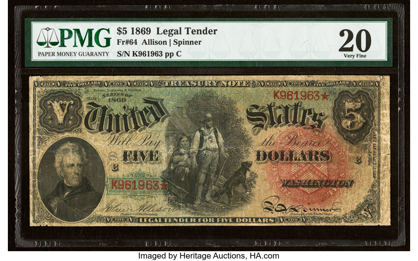 image for: Fr. 64 $5 1869 Legal Tender PMG Very Fine 20....