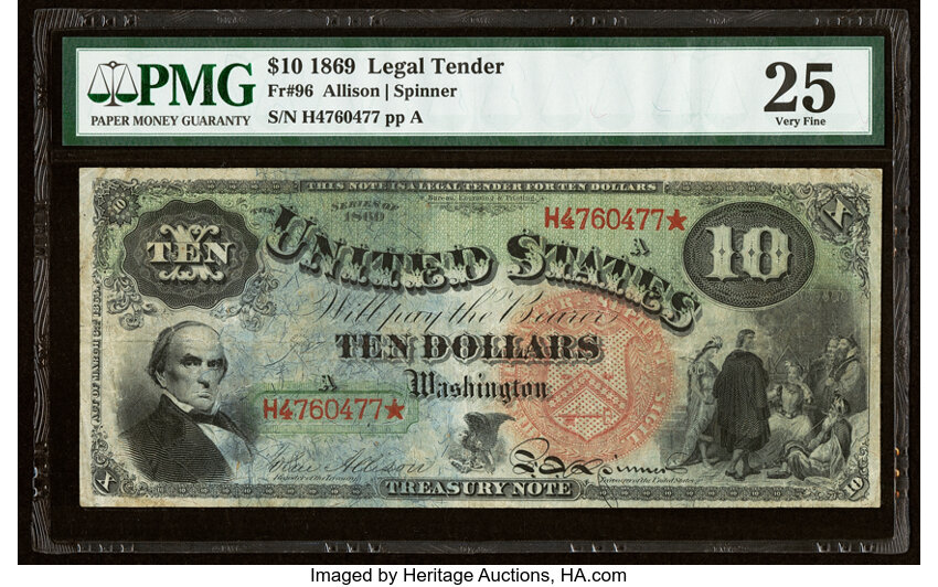 image for: Fr. 96 $10 1869 Legal Tender PMG Very Fine 25....