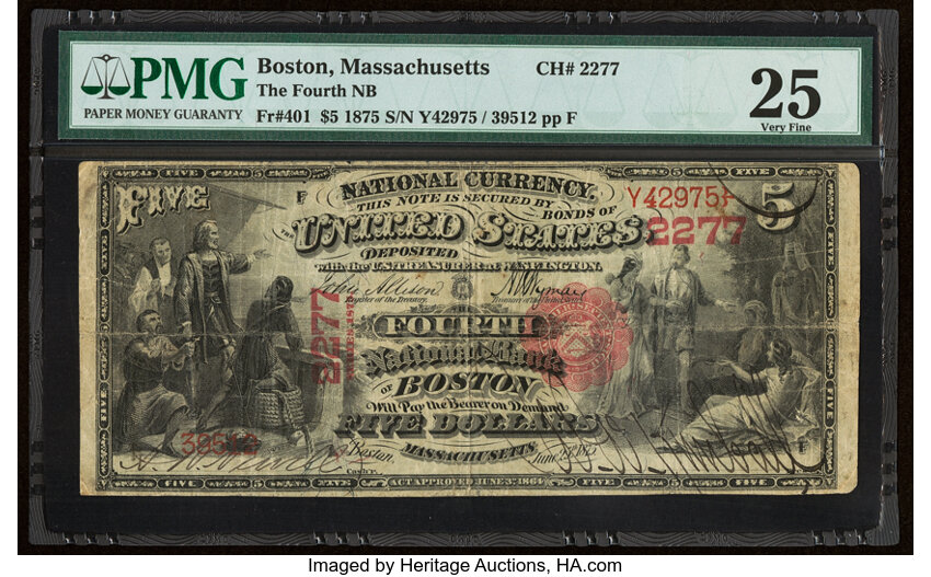 image for: Boston, MA - $5 1875 Fr. 401 The Fourth National Bank Ch. # 2277 PMG Very Fine 25....