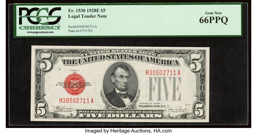 image for: Fr. 1530 $5 1928E Legal Tender Note. PCGS Gem New 66PPQ....