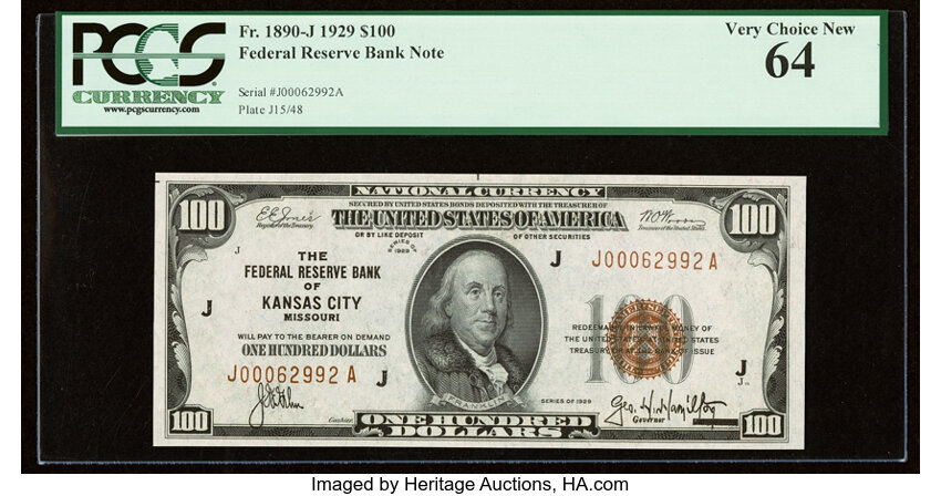 image for: Fr. 1890-J $100 1929 Federal Reserve Bank Note. PCGS Very Choice New 64....