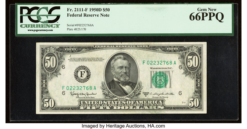 image for: Fr. 2111-F $50 1950D Federal Reserve Note. PCGS Gem New 66PPQ....