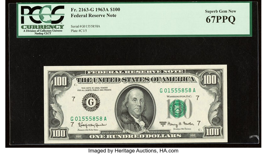image for: Fr. 2163-G $100 1963A Federal Reserve Note. PCGS Superb Gem New 67PPQ....