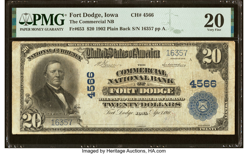 image for: Fort Dodge, IA - $20 1902 Plain Back Fr. 653 The Commercial National Bank Ch. # 4566 PMG Very Fine 20....