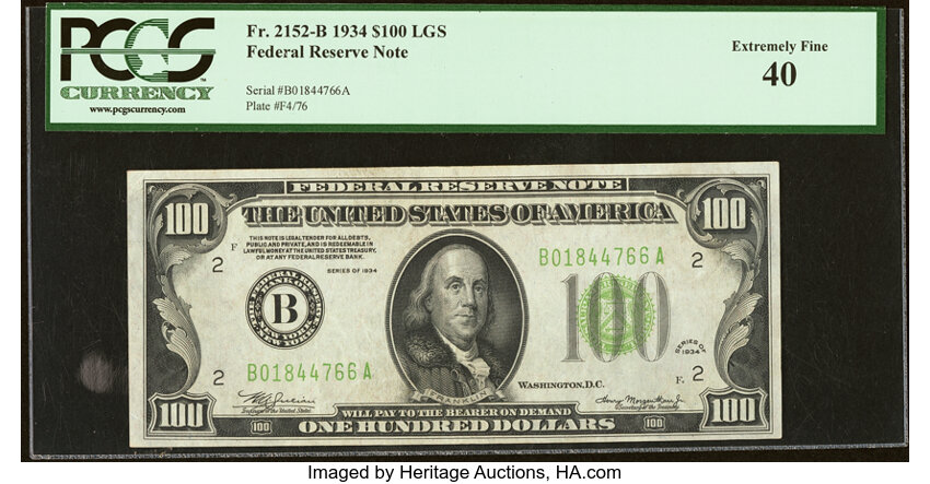 image for: Fr. 2152-B $100 1934 Light Green Seal Federal Reserve Note. PCGS Extremely Fine 40....