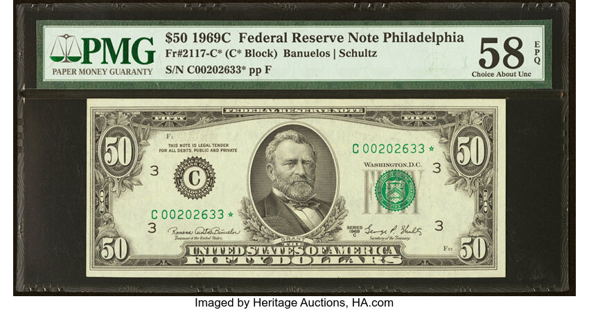 image for: Fr. 2117-C* $50 1969C Federal Reserve Star Note. PMG Choice About Unc 58 EPQ....