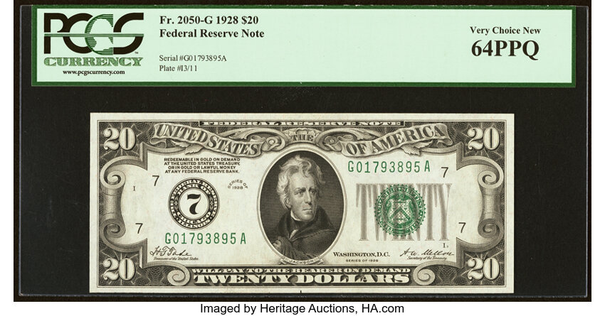 image for: Fr. 2050-G $20 1928 Federal Reserve Note. PCGS Very Choice New 64PPQ....