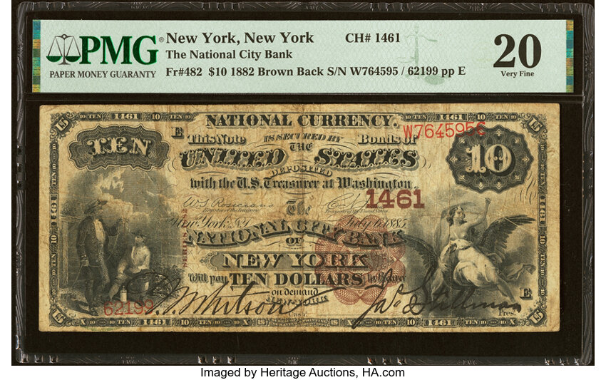 image for: New York, NY - $10 1882 Brown Back Fr. 482 The National City Bank Ch. # 1461 PMG Very Fine 20....
