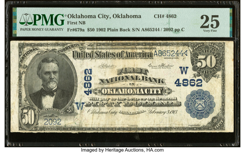 image for: Oklahoma City, OK - $50 1902 Plain Back Fr. 679a First National Bank Ch. # (W)4862 PMG Very Fine 25....