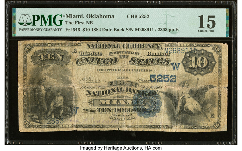 image for: Miami, OK - $10 1882 Date Back Fr. 546 The First National Bank Ch. # (W)5252 PMG Choice Fine 15....