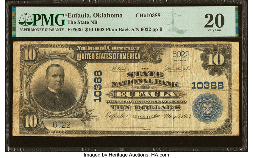 image for: Eufaula, OK - $10 1902 Plain Back Fr. 630 The State National Bank Ch. # 10388 PMG Very Fine 20....