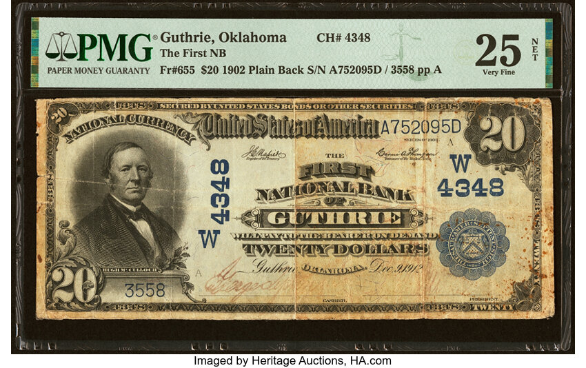 image for: Guthrie, OK - $20 1902 Plain Back Fr. 655 The First National Bank Ch. # (W)4348 PMG Very Fine 25 Net....