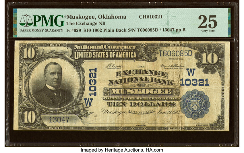 image for: Muskogee, OK - $10 1902 Plain Back Fr. 629 The Exchange National Bank Ch. # (W)10321 PMG Very Fine 25....