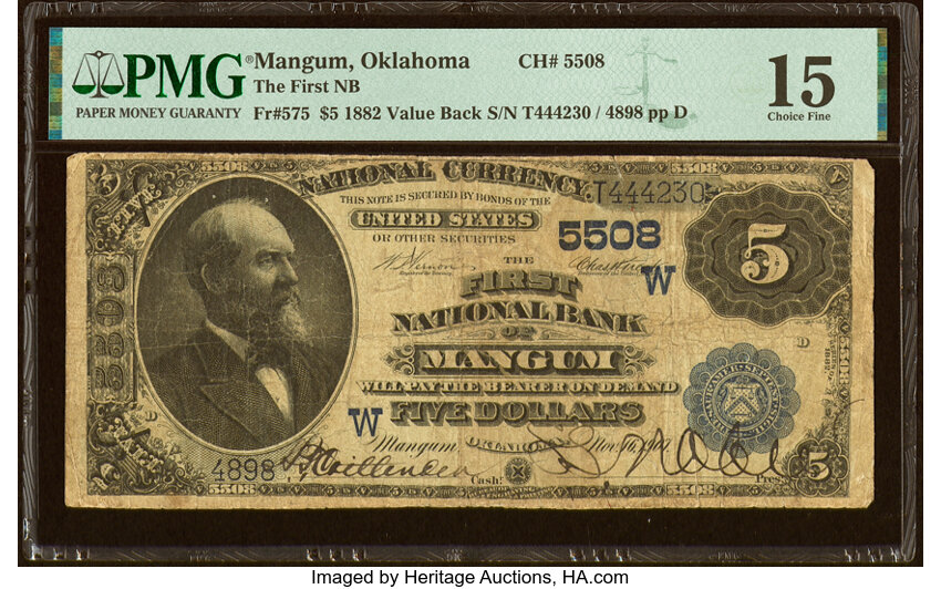 image for: Mangum, OK - $5 1882 Value Back Fr. 575 The First National Bank Ch. # (W)5508 PMG Choice Fine 15....