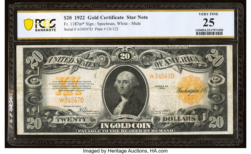 image for: Fr. 1187* $20 1922 Mule Gold Certificate Star Note PCGS Banknote Very Fine 25....