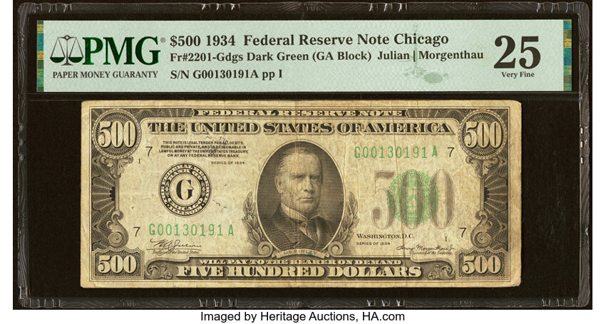 image for: Fr. 2201-G $500 1934 Federal Reserve Note. PMG Very Fine 25....