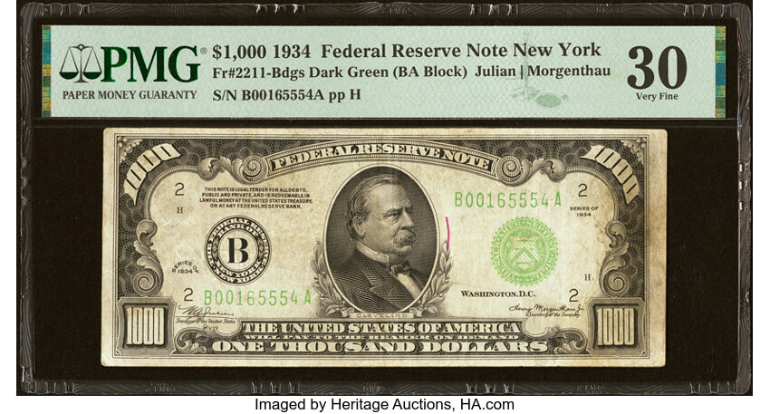 image for: Fr. 2211-B $1,000 1934 Federal Reserve Note. PMG Very Fine 30....