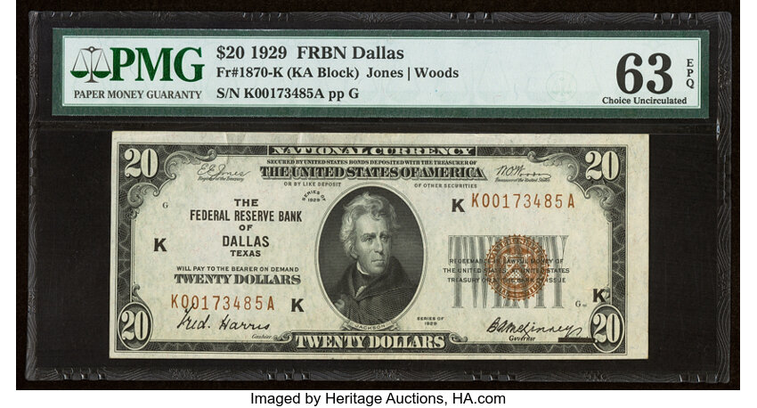 image for: Fr. 1870-K $20 1929 Federal Reserve Bank Note. PMG Choice Uncirculated 63 EPQ....