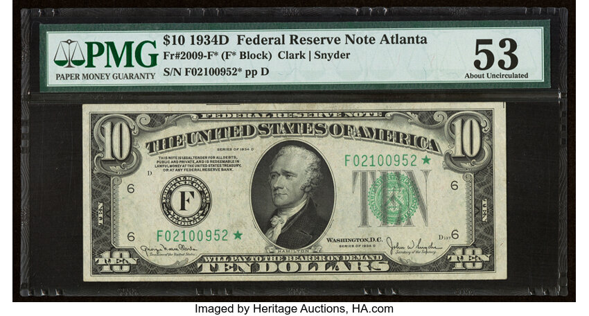 image for: Fr. 2009-F* $10 1934D Federal Reserve Star Note. PMG About Uncirculated 53....