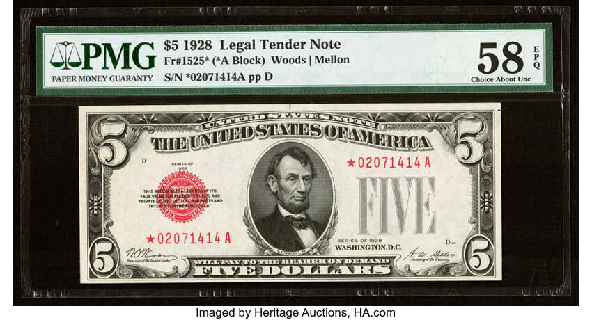 image for: Fr. 1525* $5 1928 Legal Tender Star Note. PMG Choice About Unc 58 EPQ....