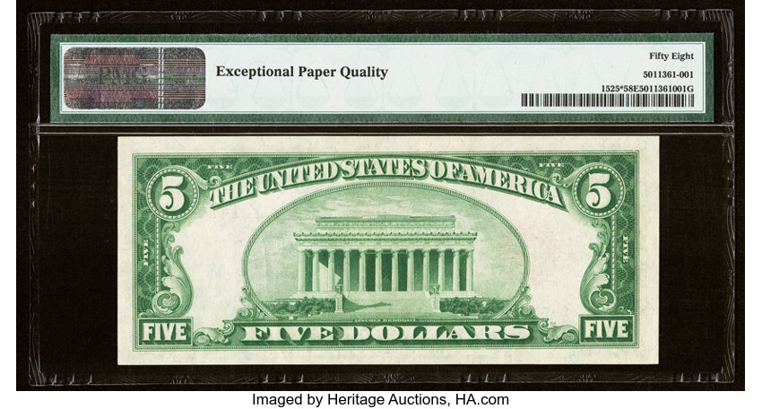 image for: Fr. 1525* $5 1928 Legal Tender Star Note. PMG Choice About Unc 58 EPQ....