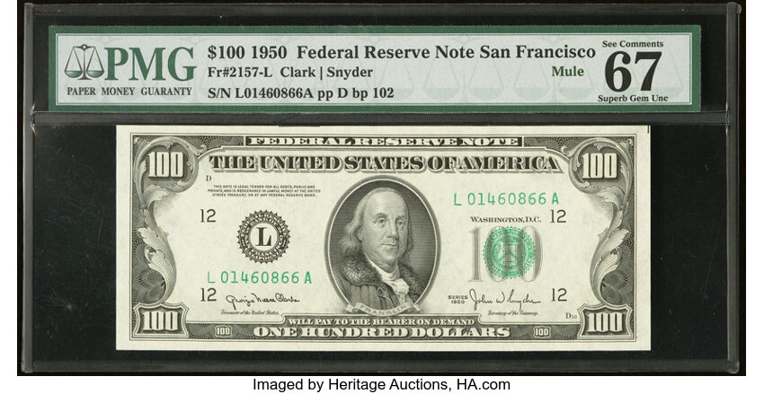 image for: Fr. 2157-L $100 1950 Mule Federal Reserve Note. PMG Superb Gem Unc 67 EPQ....