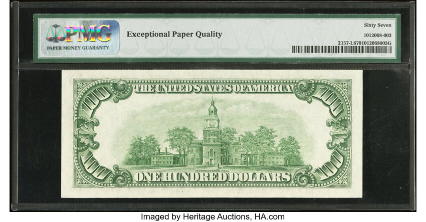 image for: Fr. 2157-L $100 1950 Mule Federal Reserve Note. PMG Superb Gem Unc 67 EPQ....