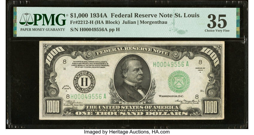 image for: Fr. 2212-H $1,000 1934A Federal Reserve Note. PMG Choice Very Fine 35....