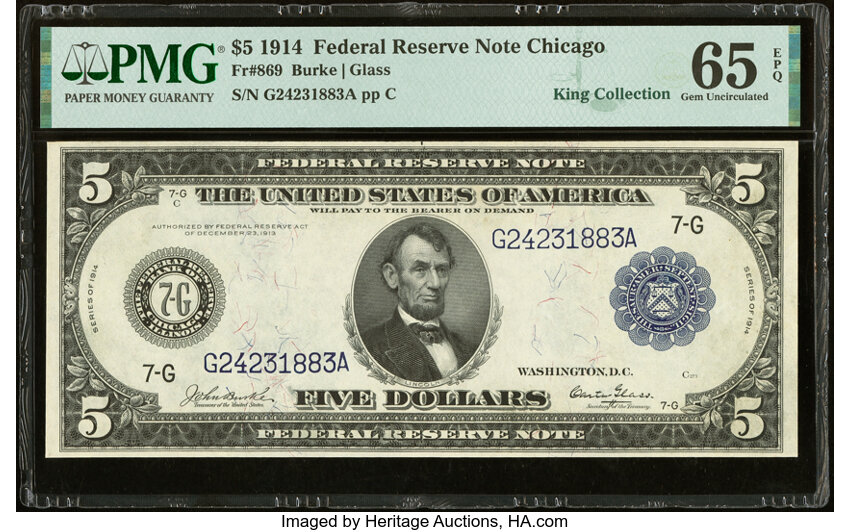 image for: Fr. 869 $5 1914 Federal Reserve Note PMG Gem Uncirculated 65 EPQ....