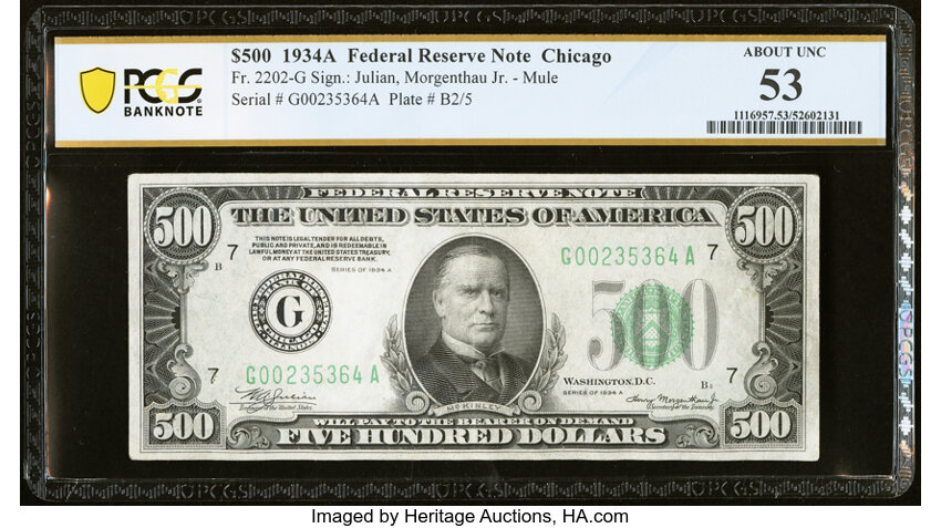 image for: Fr. 2202-G $500 1934A Federal Reserve Note. PCGS Banknote About Unc 53....