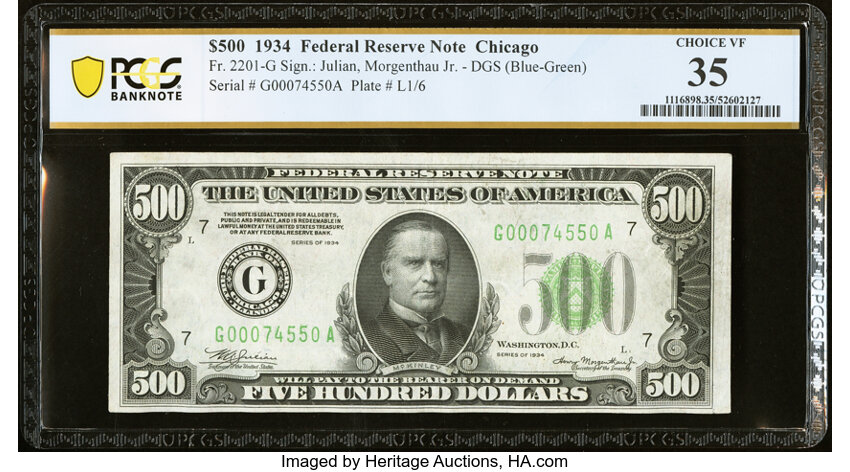 image for: Fr. 2201-G $500 1934 Federal Reserve Note. PCGS Banknote Choice VF 35....