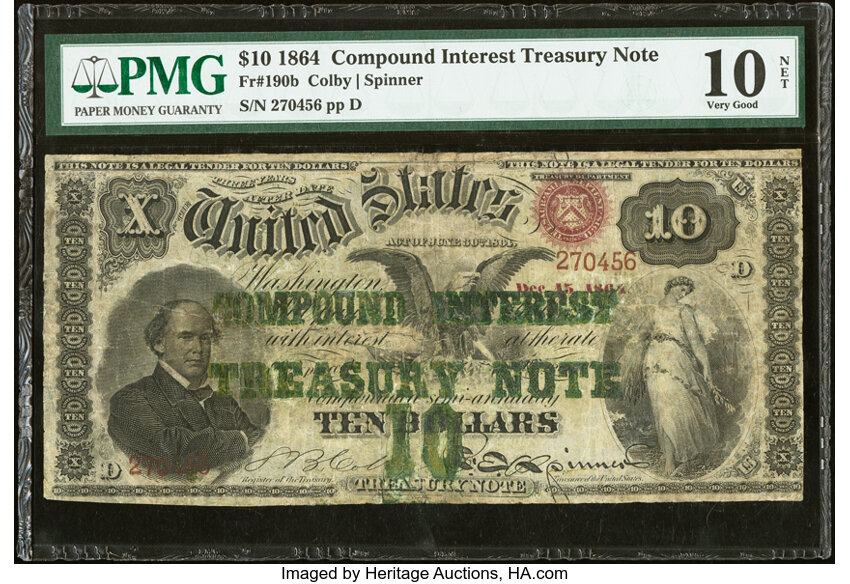 image for: Fr. 190b $10 1864 Compound Interest Treasury Note PMG Very Good 10 Net....