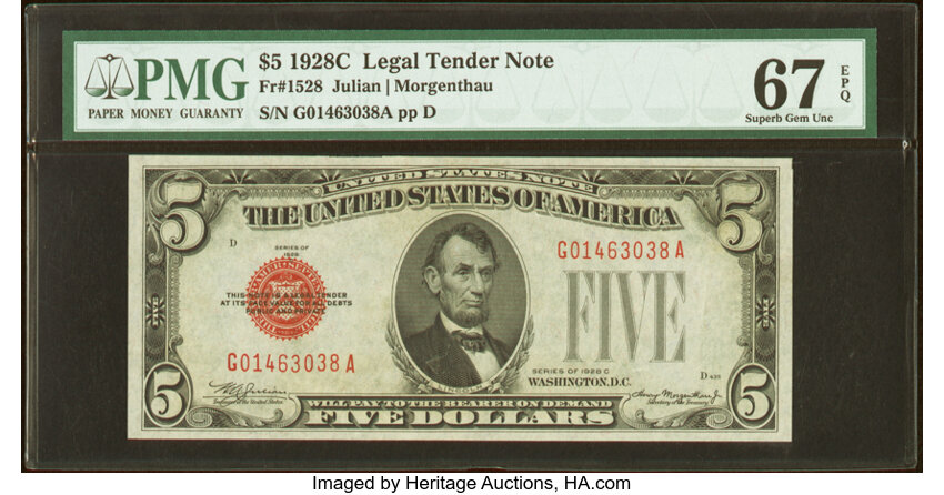 image for: Fr. 1528 $5 1928C Legal Tender Note. PMG Superb Gem Unc 67 EPQ....