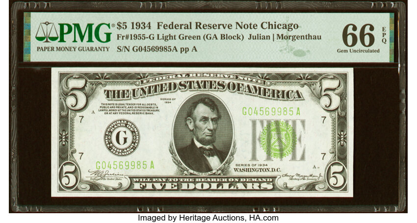 image for: Fr. 1955-G $5 1934 Light Green Seal Federal Reserve Note. PMG Gem Uncirculated 66 EPQ....