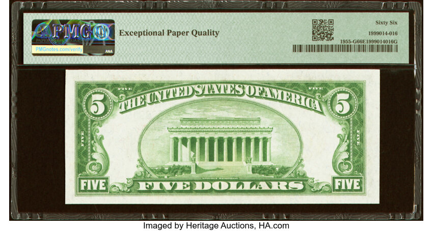 image for: Fr. 1955-G $5 1934 Light Green Seal Federal Reserve Note. PMG Gem Uncirculated 66 EPQ....