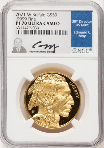 image for: 2021-W G$50 One-Ounce Gold Buffalo, PR70 Ultra Cameo NGC. Authentic Hand-signed, Edmund C. Moy....