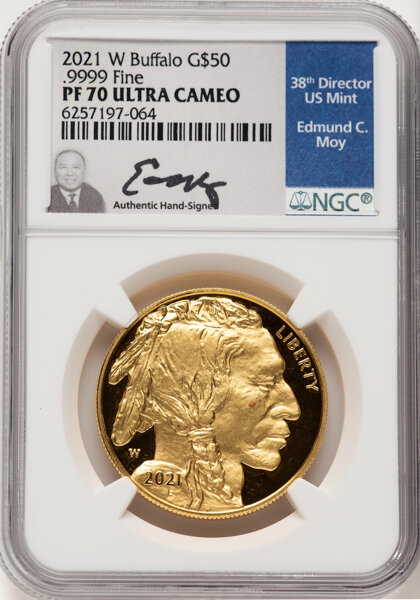 image for: 2021-W G$50 One-Ounce Gold Buffalo, PR70 Ultra Cameo NGC. Hand-signed, Edmund C. Moy....