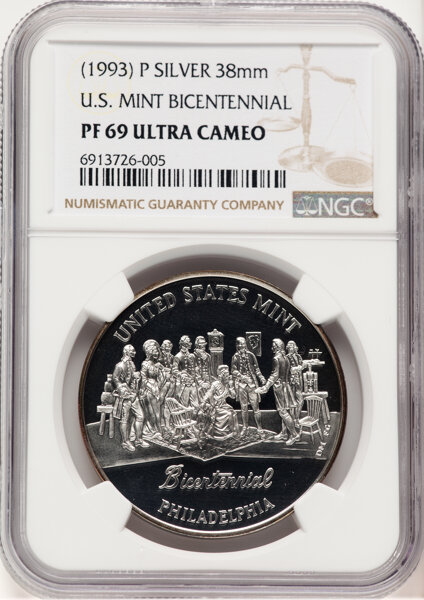 image for: (1993)-P Medal U.S. Mint Bicentennial Silver Medal PR69 Ultra Cameo NGC. 38mm....