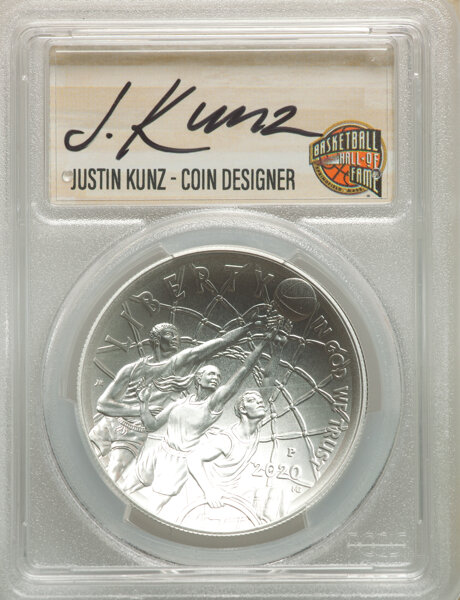 image for: 2020-P $1 Basketball Hall of Fame, First Strike, NMBHOF, Coin Designer Justin Kunz MS70 PCGS....