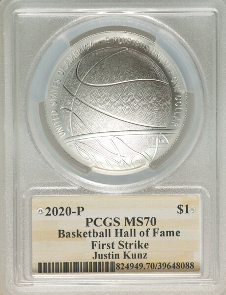 image for: 2020-P $1 Basketball Hall of Fame, First Strike, NMBHOF, Coin Designer Justin Kunz MS70 PCGS....