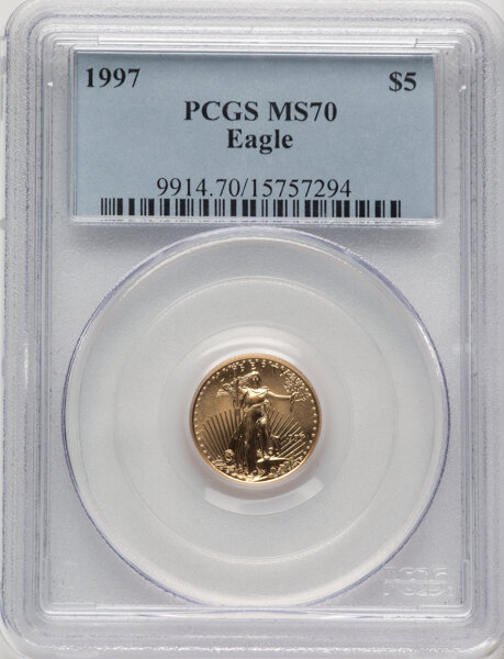 image for: 1997 $5 Tenth-Ounce Gold Eagle MS70 PCGS.  Mintage 528,266....