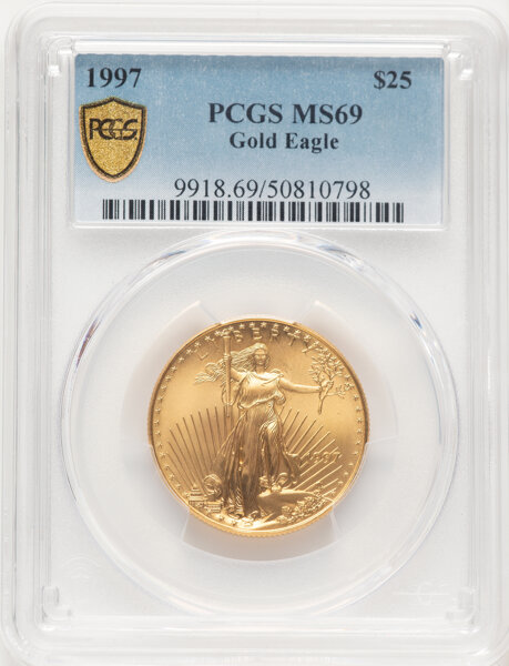 image for: 1997 $25 Half-Ounce Gold Eagle MS69 PCGS.  Mintage 79,605....